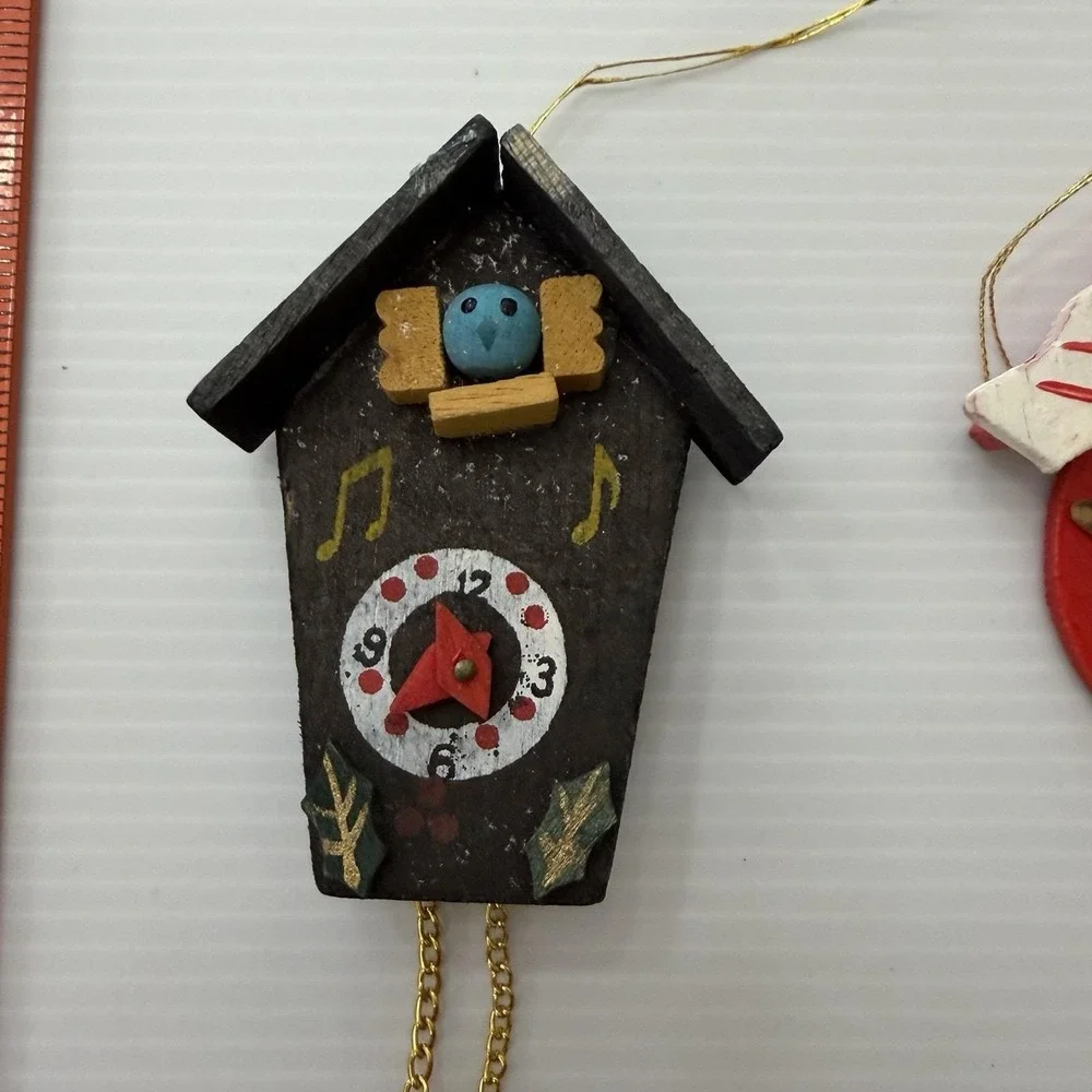 Vintage Wooden Cuckoo Clock Christmas Ornaments Lot Of 2 Hand Painted